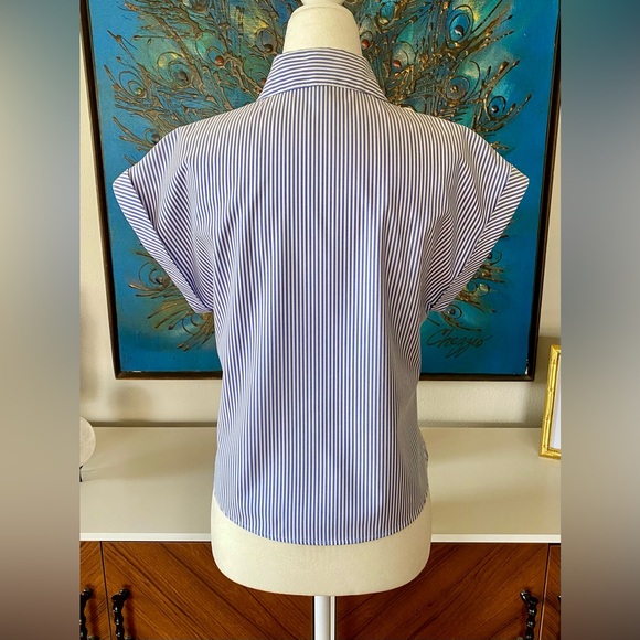 ANTONIO MELANI Poplin Front Tie Button Down Blouse | Blue White Stripe | Size XS - Picture 5 of 7